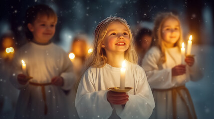 A joyful procession of children in white robes holding glowing candles, walking through softly falling snow in a serene Santa Lucia festival, surrounded by snow-covered trees and twinkling lights.
