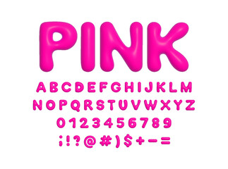 Pink 3d plastic balloon alphabet, symbols and numbers. Shiny inflated Y2K font ABC vector isolated
