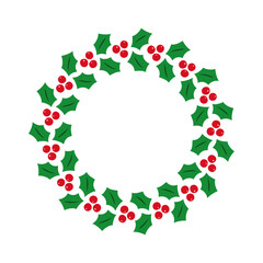 Logo con corona navideña circular de hojas y bayas de acebo para tarjetas y felicitaciones de Navidad