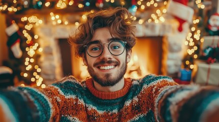 Obraz premium Cozy Holiday Selfie: Warm Sweater & Festive Fireplace Ambiance