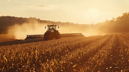 Naklejka premium Machinery Spreading Fertilizer in a Golden Field