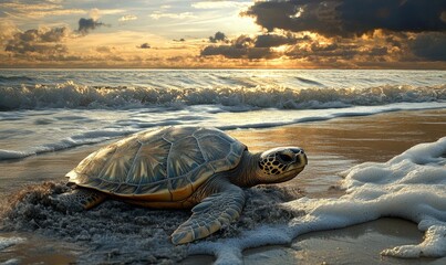 Sea turtle resting on sandy beach at sunset.