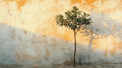 Little tree pushing through a weathered wall, basked in gentle orange sunset light, white background