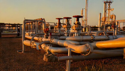 Industrial gas plant pipelines at sunset
