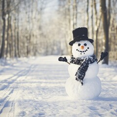 Obraz premium A cheerful snowman stands in a snowy landscape, surrounded by trees.