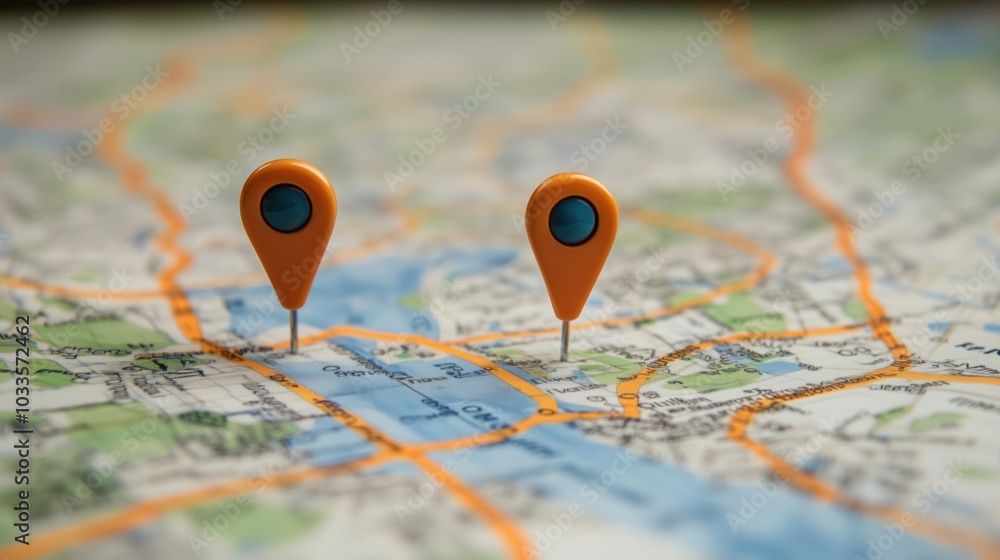 Poster map with location pins, highlighting specific areas on a detailed map