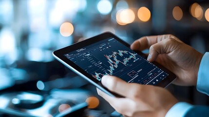 Professional using digital tablet to review and analyze the latest market data financial reports and investment strategies for informed decision making and portfolio management