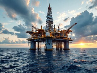 A large oil rig is floating in the ocean