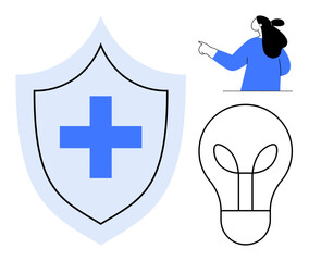 Shield with blue medical cross, person in blue pointing, and light bulb outline. Ideal for health, protection, innovation, guidance, and safety themes. Simple modern style
