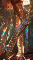 A close-up portrait of a woman's legs adorned in elegant silk stockings, gracefully accentuating her figure while wearing a stylish dress. The image highlights the luxurious texture of the fabric and 