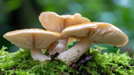 Wild mushrooms on mossy forest floor - nature's tranquil beauty for eco-themed designs