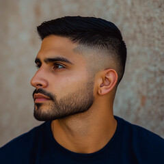 Obraz premium A handsome man with a high fade hairstyle, side-part hairstyle, beard stubble, and a very short mustache.