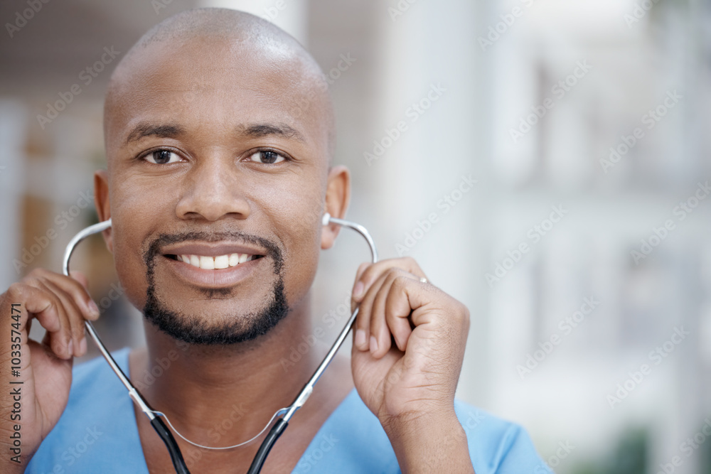 Wall mural Portrait, black man and doctor with stethoscope in hospital of healthcare service, cardiology or medical treatment. Face, smile or specialist for heart checkup, cardiovascular help or advice in Kenya