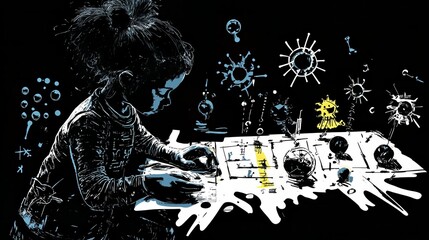Obraz premium A vibrant illustration of a child in a dark room, working intently at a table illuminated by a single light. The child is surrounded by various scientific symbols and abstract shapes.