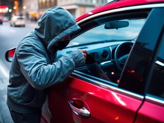 A man in a hoodie is taking a picture of a car door