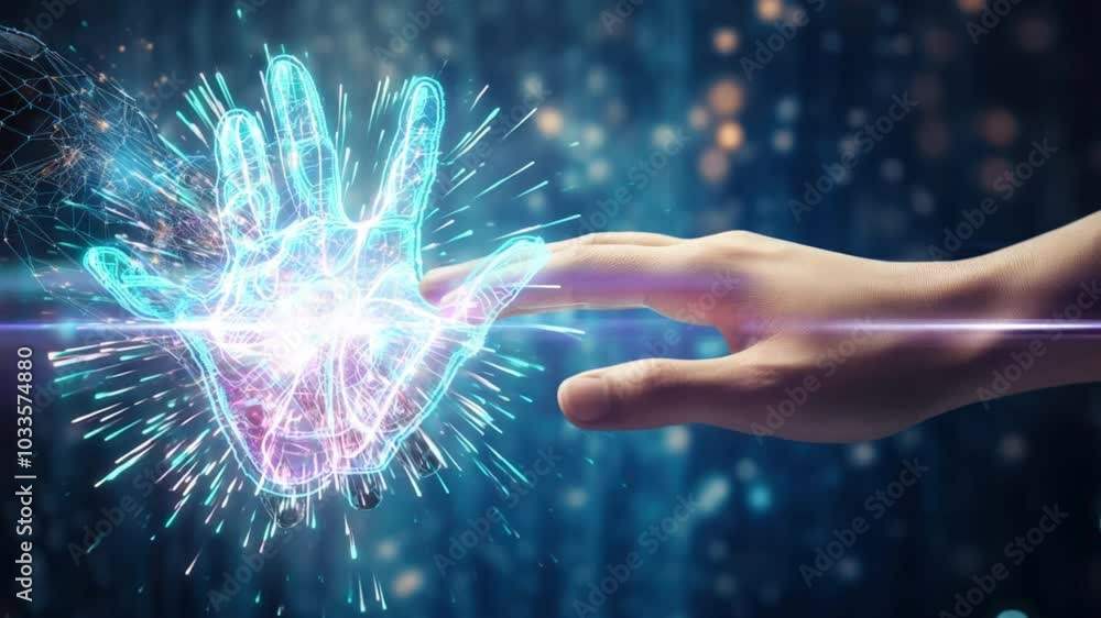 Poster robot and human hands touch big data of global network connection, future artificial intelligence