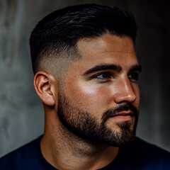 Obraz premium A handsome man with a high fade hairstyle, side-part hairstyle, beard stubble, and a very short mustache.