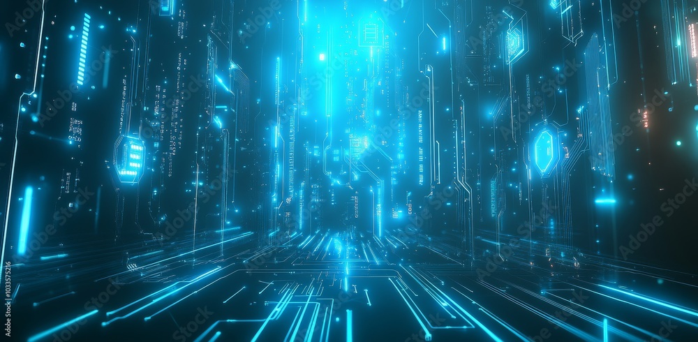 Poster an image of a futuristic digital hi-tech space featuring glowing lines and a grid network of lines. 