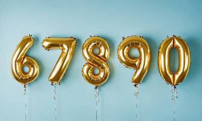 Inflatable golden number balloons six through zero on a blue backdrop