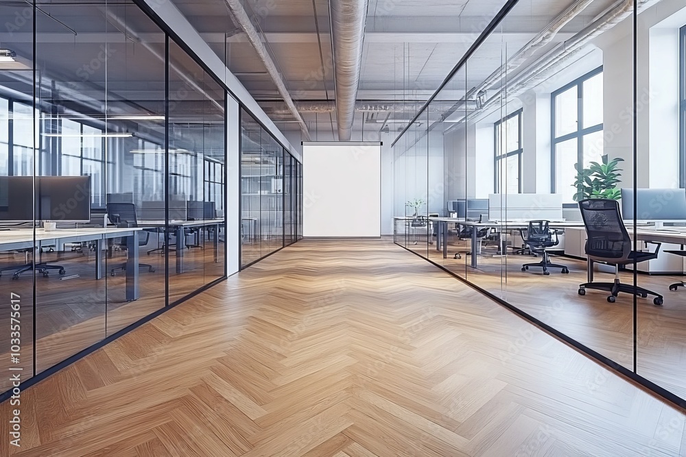 Poster here is a three-dimensional rendering of a blank roll-up banner in a glass-enclosed executive office