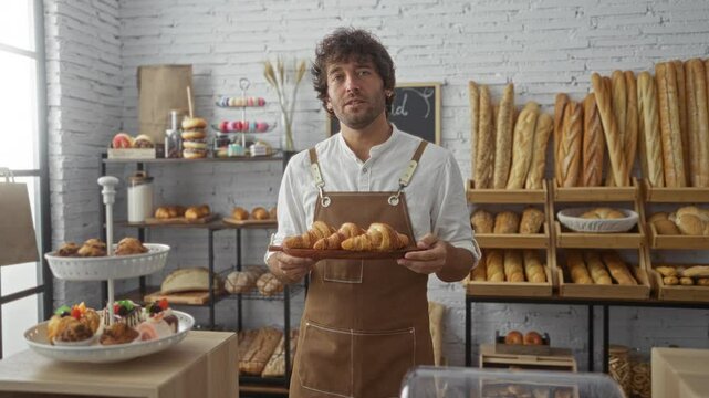 Young man in a bakery talking about fresh croissants while standing in front of shelves filled with various types of bread and pastries