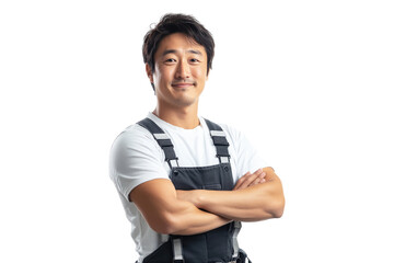 Cheerful Asian mechanic in overalls with arms crossed on a transparent background