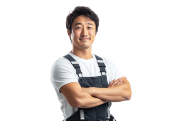Cheerful Asian mechanic in overalls with arms crossed on a transparent background