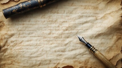 Naklejka premium Vintage ink pen writing over parchment with a blurred background of aged paper.