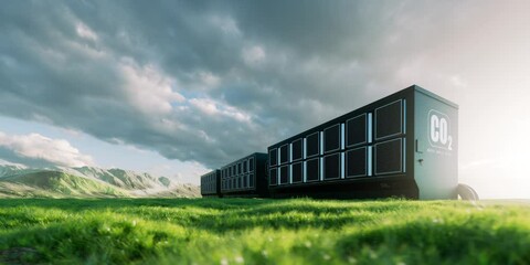 3D rendering of a carbon capture device in a green landscape, symbolizing innovation in climate technology and the pursuit of a sustainable future.
