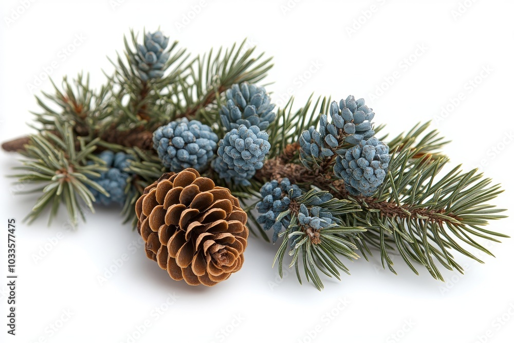 Poster isolated pine tree branches with cones.