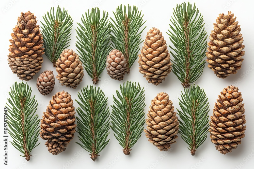 Poster branches of a pine tree with cones isolated on a white background.
