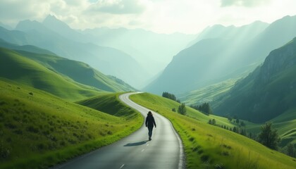 A scenic view of a man walking alone on a winding road through green mountains under a cloudy sky.
