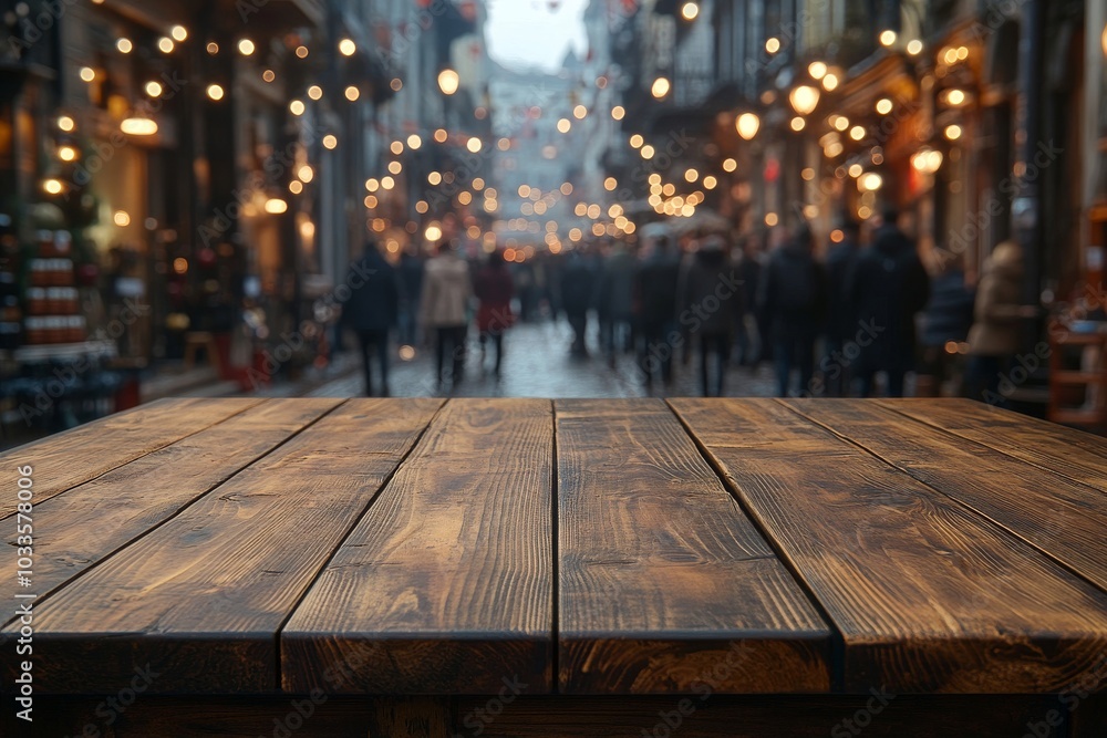 Poster in front of a blurred abstract background with light spots and bokeh is an empty wooden table with p
