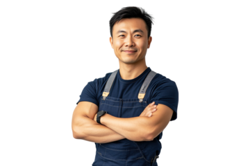 Cheerful Asian mechanic in overalls with arms crossed on a transparent background