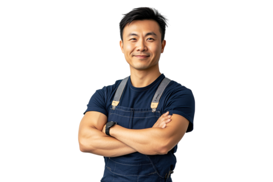Cheerful Asian mechanic in overalls with arms crossed on a transparent background - Powered by Adobe