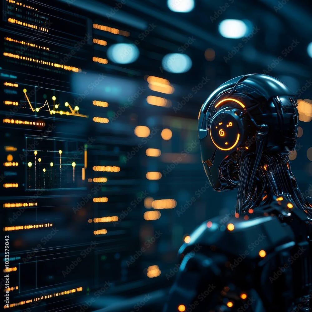 Aufkleber a futuristic robot interacts with glowing, data-filled screens in a high-tech environment.