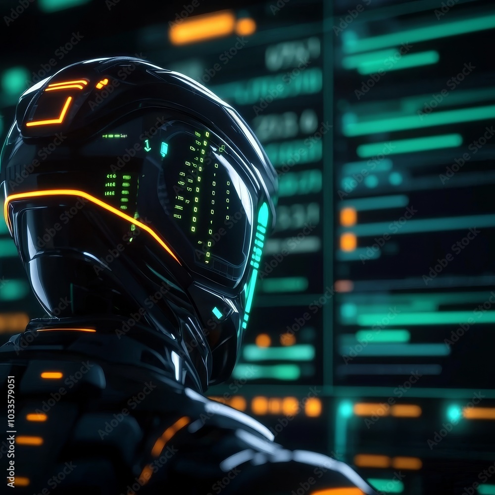 Poster a futuristic figure in a sleek helmet gazes at a glowing screen filled with data, evoking themes of 