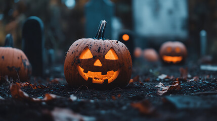 Halloween Pumpkins. features several pumpkins lying in a cemetery area with a blurred background adding a mysterious and spooky feel, perfect for Halloween celebrations.