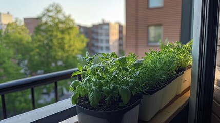 Fresh Herbs Growing in Pots on a Balcony