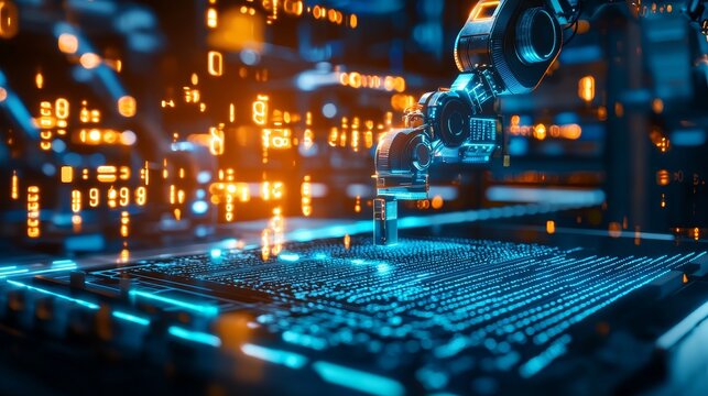 A robotic arm interacts with a circuit board, surrounded by glowing binary code, illustrating advanced technology and automation in a digital environment.
