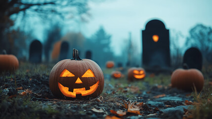 Halloween Pumpkins. features several pumpkins lying in a cemetery area with a blurred background adding a mysterious and spooky feel, perfect for Halloween celebrations.