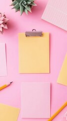 Colorful stationery on pink background for creative organization.