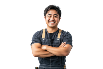 Cheerful Asian mechanic in overalls with arms crossed on a transparent background