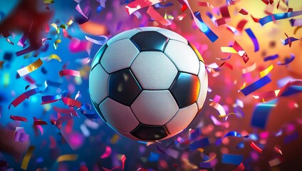Fototapeta premium A vibrant soccer ball surrounded by colorful confetti against a dynamic background, symbolizing celebration and sports excitement.