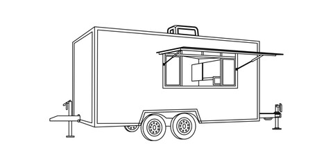 Food truck container open position side view. Trailer car for selling. Three-dimensional drawing with thin line detail design style. Template logo. Vector illustration