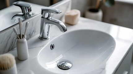 Fototapeta premium Modern white bathroom interior design with elegant undermount sink for contemporary spaces