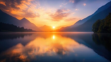 Obraz premium A vibrant sunrise over a tranquil lake, with the first light of day reflecting on the water, symbolizing renewal and fresh beginnings