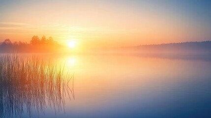 Fototapeta premium A vibrant sunrise over a tranquil lake, with the first light of day reflecting on the water, symbolizing renewal and fresh beginnings
