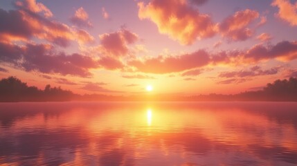 Fototapeta premium A vibrant sunrise over a tranquil lake, with the first light of day reflecting on the water, symbolizing renewal and fresh beginnings