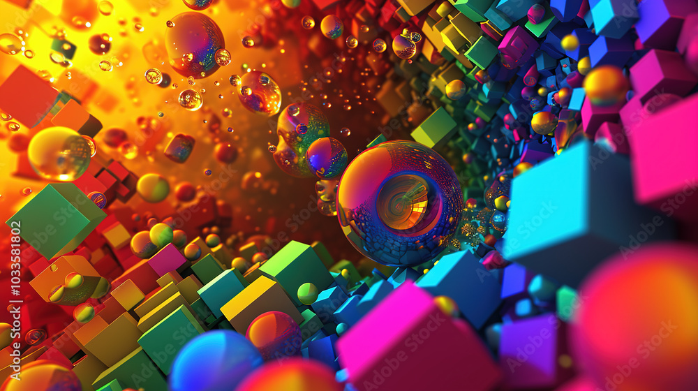 Poster abstract background with colorful 3d shapes scattered in geometric composition